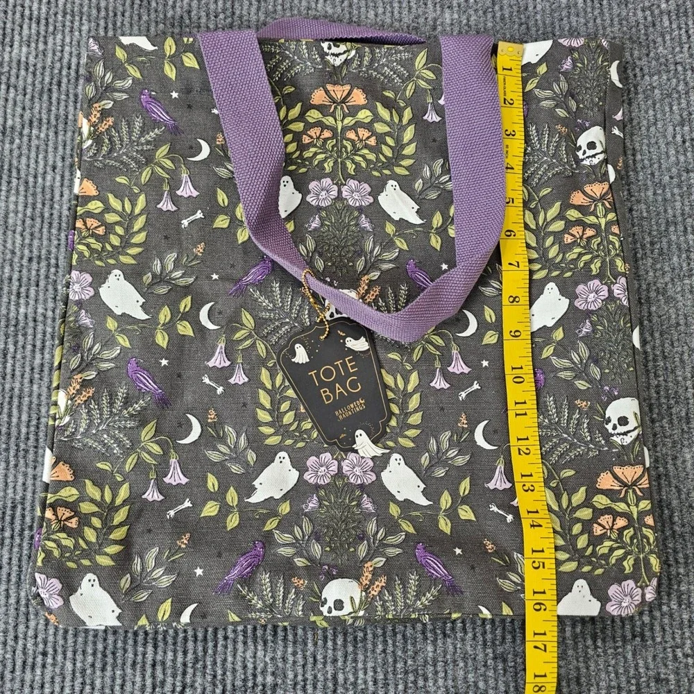 Hallowed Hauntings Tote Bag Unisex OS Black Ghost Skull Floral Halloween Canvas